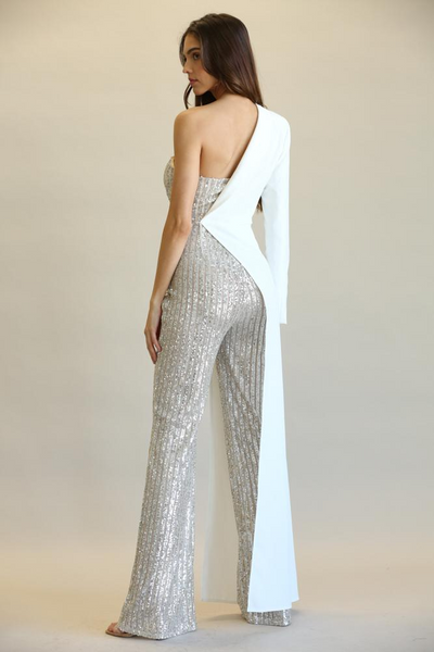 Evolet - Striped Sequin + Solid Stretch Woven Fabric Combo Jumpsuit