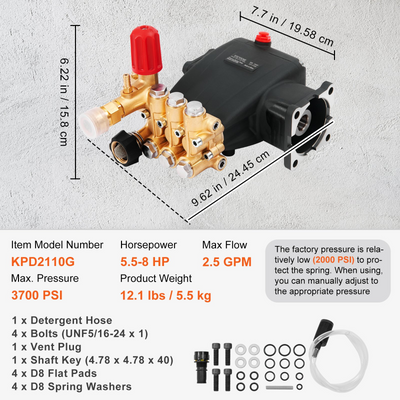 VEVOR Pressure Washer Pump, 3/4" Shaft Horizontal Triplex Plunger, 3700 PSI, 2.5 GPM, Replacement Power Washer Pumps Kit, Parts Washer Pump, Compatible with Simpson MorFlex Models 40224, 40225, 40226