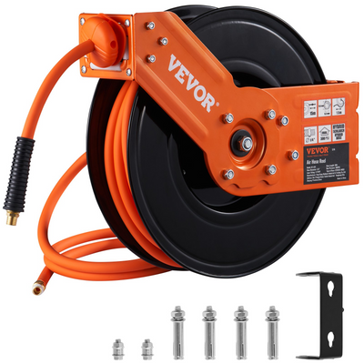 VEVOR Retractable Air Hose Reel, 3/8 IN x 50 FT Hybrid Air Hose Max 300PSI, Air Compressor Hose Reel with 5 ft Lead in, Ceiling / Wall Mount Heavy Duty Single Arm Steel Reel