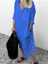 Elegant Solid Color Slit Dress - Long Shirt Dress