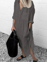 Elegant Solid Color Slit Dress - Long Shirt Dress