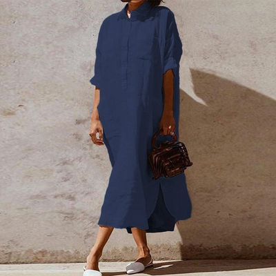 Elegant Solid Color Slit Dress - Long Shirt Dress