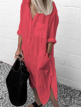 Elegant Solid Color Slit Dress - Long Shirt Dress