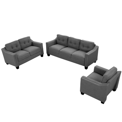 3 Piece Living Room Set with tufted cushions.