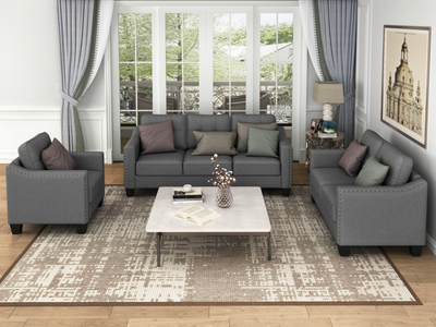 3 Piece Living Room Set with tufted cushions.