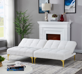 Convertible sofa bed futon with gold metal legs teddy fabric (White)