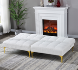 Convertible sofa bed futon with gold metal legs teddy fabric (White)