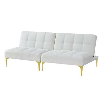 Convertible sofa bed futon with gold metal legs teddy fabric (White)