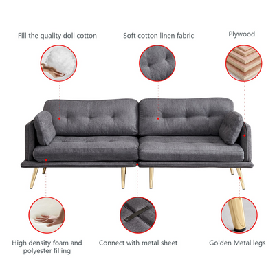 3 seat sofa with gold metal legs soft with cotton linen fabric dark grey