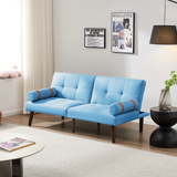 Convertible Sofa Bed Futon with Solid Wood Legs Linen Fabric Blue