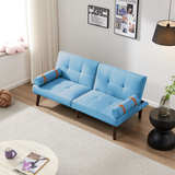 Convertible Sofa Bed Futon with Solid Wood Legs Linen Fabric Blue