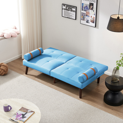 Convertible Sofa Bed Futon with Solid Wood Legs Linen Fabric Blue