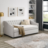 Twin Size Daybed with Twin Size Trundle Upholstered Tufted Sofa Bed, with Button on Back and Copper Nail on Waved Shape Arms, Beige (80.5"x41"x30.5")