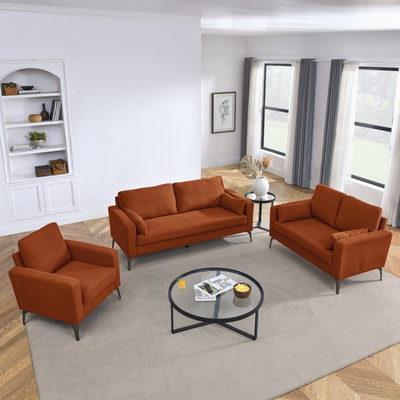 3 Piece Living Room Sofa Set, including 3-Seater Sofa, Loveseat and Sofa Chair, with Two Small Pillows, Corduroy Orange