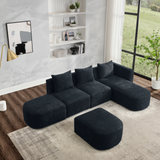 L Shape Sectional Sofa with Right Side Chaise and Ottoman, Modular Sofa, DIY Combination, Loop Yarn Fabric, Black