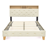 Queen Size Bed Frame, Shelf Upholstered Headboard, Platform Bed with Outlet & USB Ports, Wood Legs, No Box Spring Needed, Easy Assembly, Beige