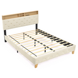 Queen Size Bed Frame, Shelf Upholstered Headboard, Platform Bed with Outlet & USB Ports, Wood Legs, No Box Spring Needed, Easy Assembly, Beige