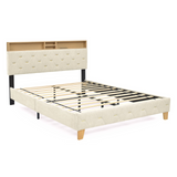 Queen Size Bed Frame, Shelf Upholstered Headboard, Platform Bed with Outlet & USB Ports, Wood Legs, No Box Spring Needed, Easy Assembly, Beige