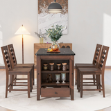 Counter Height 5-piece Dining Table Set with Faux Marble Tabletop, Solid Wood Table Set with Storage Cabinet and Drawer, Dark walnut