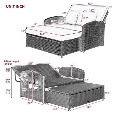 PE Wicker Rattan Double Chaise Lounge, 2-Person Reclining Daybed with Adjustable Back and Cushions, Free Furniture Protection Cover, White