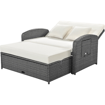 PE Wicker Rattan Double Chaise Lounge, 2-Person Reclining Daybed with Adjustable Back and Cushions, Free Furniture Protection Cover, White