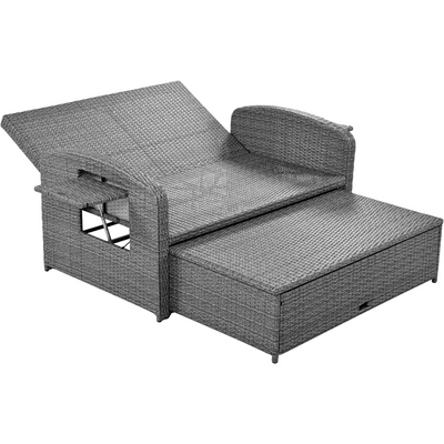 PE Wicker Rattan Double Chaise Lounge, 2-Person Reclining Daybed with Adjustable Back and Cushions, Free Furniture Protection Cover, White