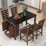 Counter Height 5-piece Dining Table Set with Faux Marble Tabletop, Solid Wood Table Set with Storage Cabinet and Drawer, Dark walnut