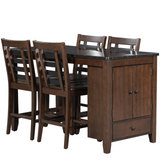 Counter Height 5-piece Dining Table Set with Faux Marble Tabletop, Solid Wood Table Set with Storage Cabinet and Drawer, Dark walnut