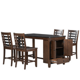 Counter Height 5-piece Dining Table Set with Faux Marble Tabletop, Solid Wood Table Set with Storage Cabinet and Drawer, Dark walnut