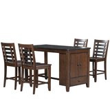 Counter Height 5-piece Dining Table Set with Faux Marble Tabletop, Solid Wood Table Set with Storage Cabinet and Drawer, Dark walnut