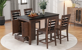 Counter Height 5-piece Dining Table Set with Faux Marble Tabletop, Solid Wood Table Set with Storage Cabinet and Drawer, Dark walnut