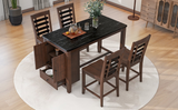 Counter Height 5-piece Dining Table Set with Faux Marble Tabletop, Solid Wood Table Set with Storage Cabinet and Drawer, Dark walnut