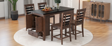 Counter Height 5-piece Dining Table Set with Faux Marble Tabletop, Solid Wood Table Set with Storage Cabinet and Drawer, Dark walnut