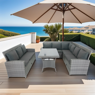 5 Piece Patio wicker Outdoor Sectional Set 9 Seater Conversation Set with 3 Storage Under Seat Grey Wicker + Dark Grey Cushion