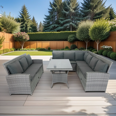 5 Piece Patio wicker Outdoor Sectional Set 9 Seater Conversation Set with 3 Storage Under Seat Grey Wicker + Dark Grey Cushion