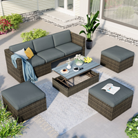 Patio Furniture Sets, 5-Piece Patio Wicker Sofa with Adustable Backrest, Cushions, Ottomans and Lift Top Coffee Table