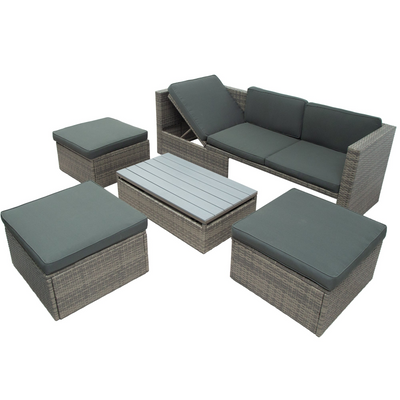 Patio Furniture Sets, 5-Piece Patio Wicker Sofa with Adustable Backrest, Cushions, Ottomans and Lift Top Coffee Table