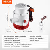 VEVOR Bilge Pump, 3000GPH 12V Automatic Submersible Boat Bilge Water Pump with Float Switch, 1.6" Outlet Diameter, Small Boat Bilge Pump, Marine Electric Bilge Pump for Boats, Ponds, Pools, Basements