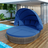 Outdoor rattan daybed sunbed with Retractable Canopy Wicker Furniture, Round Outdoor Sectional Sofa Set, Gray Wicker Furniture Clamshell Seating with Washable Cushions, Backyard, Porch, Blue