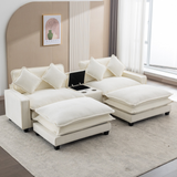 112.6" Sectional Sofa Chenille Upholstered Sofa with Two Removable Ottoman, Two USB Ports, Two Cup Holders and Large Storage Box for Living Room, Beige