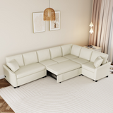 124.8"L-shaped Sofa Convertible Sofa Bed Pull Out Sofa Sleeper with Two Back Pillows, Two USB Ports and Two Power Sockets for Living Room, Beige