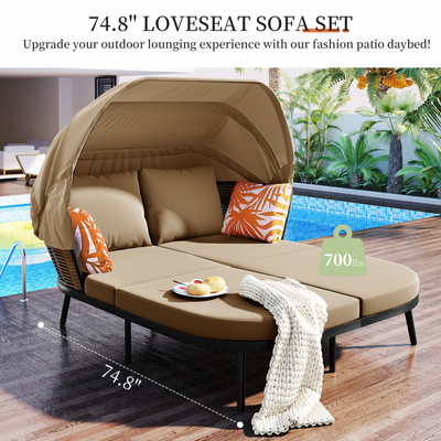 74.8" L Patio Daybed with Retractable Canopy, Outdoor Rattan PE Wicker Back Loveseat Sofa Set with Throw Pillows and Cushions for Backyard, Poolside, Garden, Brown