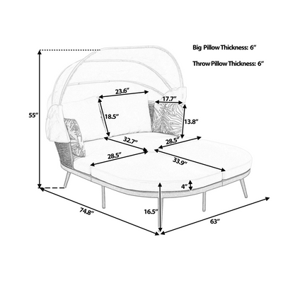 74.8" L Patio Daybed with Retractable Canopy, Outdoor Rattan PE Wicker Back Loveseat Sofa Set with Throw Pillows and Cushions for Backyard, Poolside, Garden, Brown