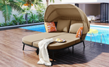 74.8" L Patio Daybed with Retractable Canopy, Outdoor Rattan PE Wicker Back Loveseat Sofa Set with Throw Pillows and Cushions for Backyard, Poolside, Garden, Brown