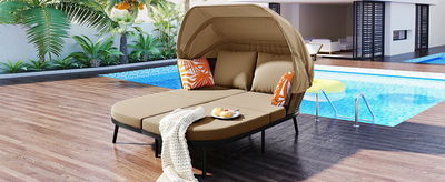 74.8" L Patio Daybed with Retractable Canopy, Outdoor Rattan PE Wicker Back Loveseat Sofa Set with Throw Pillows and Cushions for Backyard, Poolside, Garden, Brown