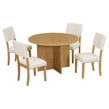 Modern 5-Piece Round Dining Table Set Pedestal Kitchen Table Set with 4 Upholstered Dining Chairs for Studio, Apartment, Small Places, Natural