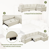 124.8"L-shaped Sofa Convertible Sofa Bed Pull Out Sofa Sleeper with Two Back Pillows, Two USB Ports and Two Power Sockets for Living Room, Beige