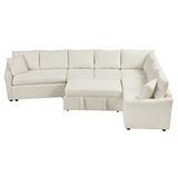 124.8"L-shaped Sofa Convertible Sofa Bed Pull Out Sofa Sleeper with Two Back Pillows, Two USB Ports and Two Power Sockets for Living Room, Beige