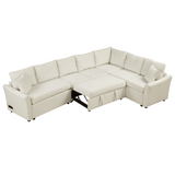 124.8"L-shaped Sofa Convertible Sofa Bed Pull Out Sofa Sleeper with Two Back Pillows, Two USB Ports and Two Power Sockets for Living Room, Beige