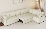 124.8"L-shaped Sofa Convertible Sofa Bed Pull Out Sofa Sleeper with Two Back Pillows, Two USB Ports and Two Power Sockets for Living Room, Beige